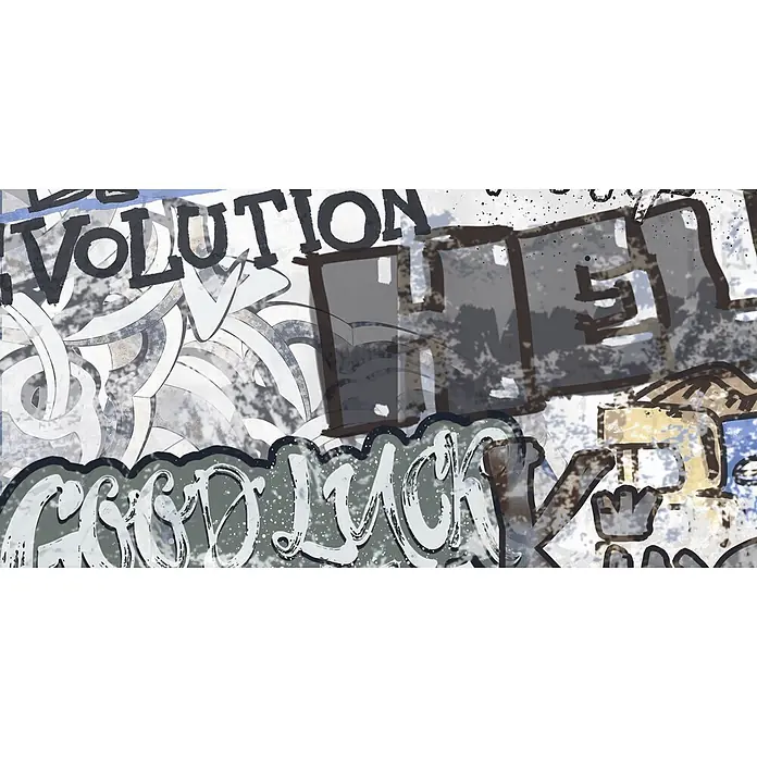 Dekorierte Graffiti-Feinsteinzeug Wandfliese in Weiß 60x120, Ret -  - Grunge-Mischtechnik-Grafik mit überlagertem Text 'VOLUTION' und 'Good Luck' sowie abstrakten Mustern.