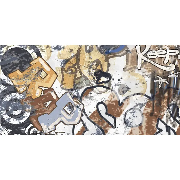 Dekorierte Graffiti-Feinsteinzeug Wandfliese in Weiß 60x120, Ret -  - Dynamisches, geschichtetes Graffiti-Kunstwerk mit abstrakten Formen, Buchstaben 'Keep' und 'R' in Braun-, Gold-, Blau- und Grautönen.