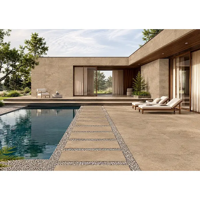 Feinsteinzeug Außen strukturierter beiger Betonoptik 60x120, R11 -  - Beige Outdoor-Fliesen in Steinoptik für moderne Terrassen und Hausfassaden.