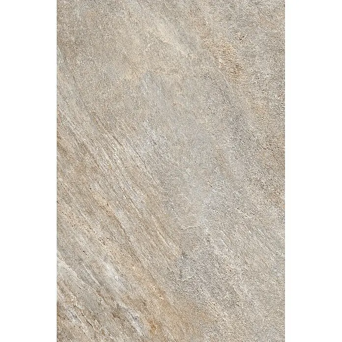 Feinsteinzeug in grauer Steinoptik 60x90, 20 mm, rutschhemmend -  - Hellbraune und graue, texturierte Steinfliese mit dezenten diagonalen Maserungen.