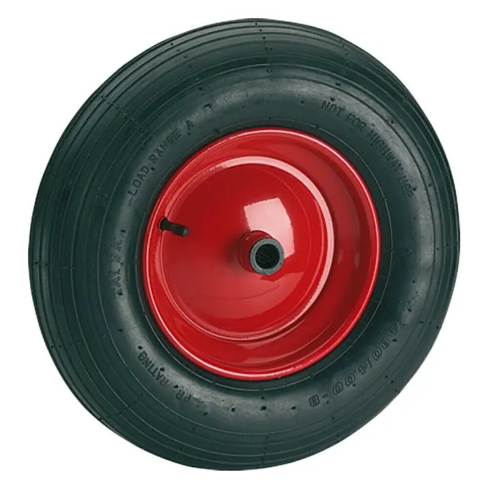 Stabilit Luftrad - 400 mm, Traglast: 250 kg, Nabenlänge: 75 mm - Nahaufnahme eines Schubkarrenrads mit roter Felge und schwarzem Reifen. Das Rad ist für hohe Belastungen und nicht für den Straßenverkehr geeignet.
