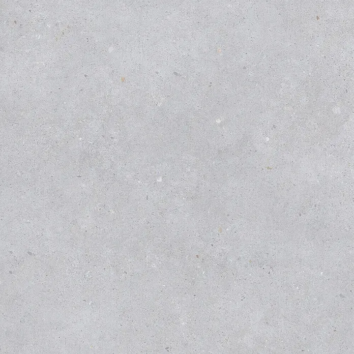 Feinsteinzeug in matter hellgrauer Betonoptik 80x80 - Italienische Fliesen -  - Hellgraue Oberfläche in Terrazzo-Optik mit feiner, mehrfarbiger Gesteinskörnung.