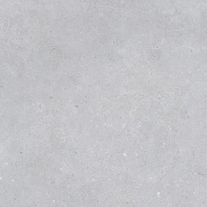 Feinsteinzeug in matter hellgrauer Betonoptik 80x80 - Italienische Fliesen -  - Helle graue Steinstruktur mit feinen Sprenkeln und Aderung.
