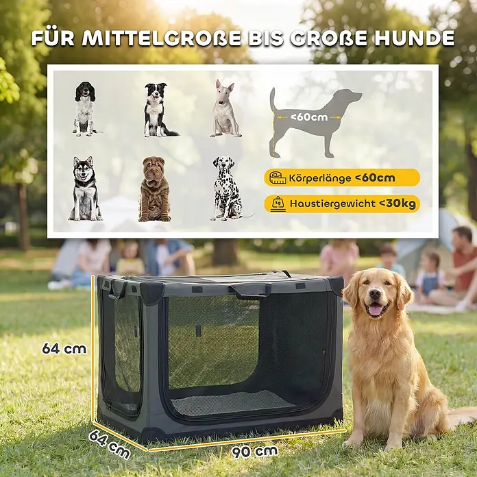 PawHut Katze Transporttasche Grün 90L x 64B x 64H cm -  - Dunkelgraue, weiche Hundebox im Freien neben einem Golden Retriever, mit Maßen 90x64x64 cm, für Hunde bis 60cm Länge und 30kg.