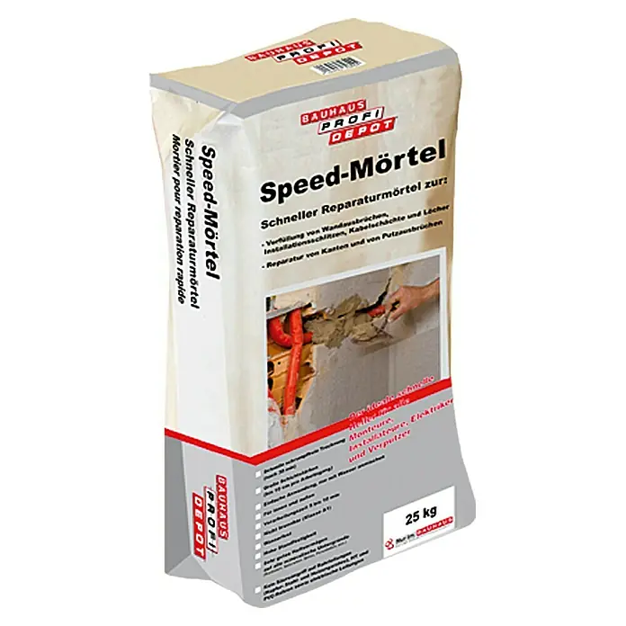 Profi Depot Schnellreparatur-Mörtel - 25 kg - Abbildung eines 25 kg Sackes Bauhaus Profi Depot Speed-Mörtel, Schnellreparaturmörtel für schnelle Reparaturen.