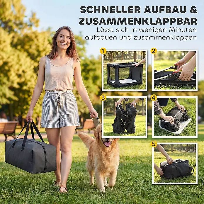 PawHut Katze Transporttasche Grün 90L x 64B x 64H cm -  - Frau trägt faltbaren schwarzen Tierlaufstall in Tasche; Insets zeigen schnellen Aufbau und Zusammenklappen.