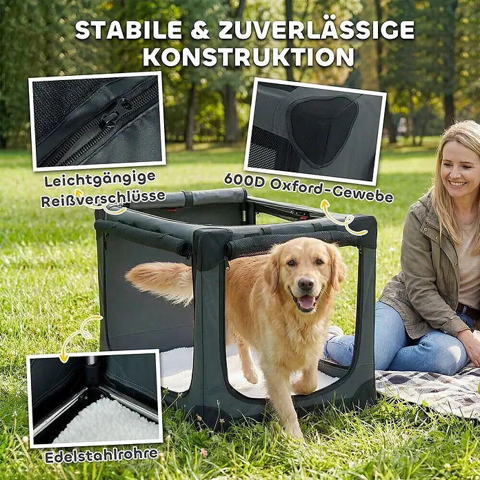 PawHut Katze Transporttasche Grün 90L x 64B x 64H cm -  - Tragbare dunkelgraue Hundebox mit Golden Retriever, zeigt 600D Oxford-Gewebe, Edelstahlrahmen und leichtgängige Reißverschlüsse für stabile Konstruktion.