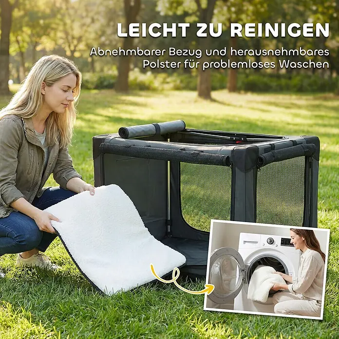 PawHut Katze Transporttasche Grün 90L x 64B x 64H cm -  - Frau entnimmt waschbares weißes Kissen aus dunkelgrauer Haustier-Transportbox im Freien. Einsatzbild zeigt Kissen in Waschmaschine, betont leichte Reinigung.