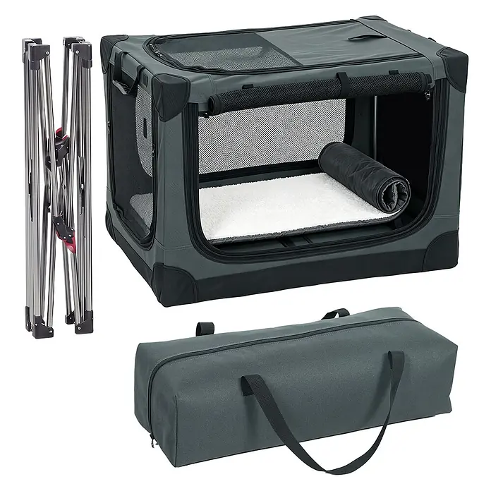 PawHut Katze Transporttasche Grün 76L x 54B x 54H cm -  - Graue, weiche Hundebox mit Netzfenstern, weißer Matte, zusammenklappbarem Gestell und Tragetasche.