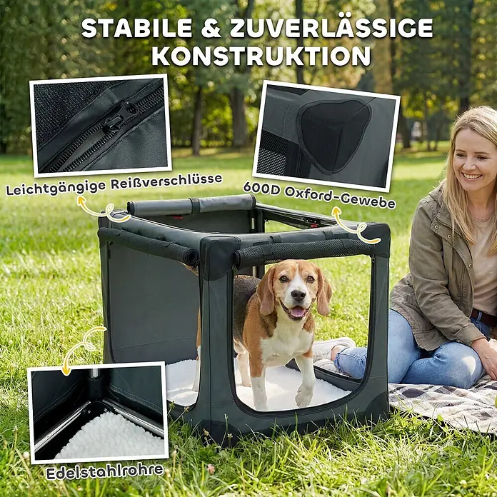 PawHut Katze Transporttasche Grün 76L x 54B x 54H cm -  - Dunkelgraue faltbare Hundebox mit Beagle drinnen, neben lächelnder Frau. Hervorhebung: Reißverschlüsse, Oxford-Gewebe, Stahlrahmen.