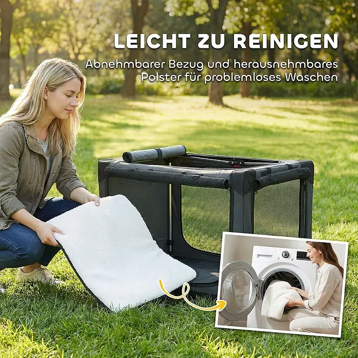 PawHut Katze Transporttasche Grün 76L x 54B x 54H cm -  - Eine Frau entnimmt ein weißes, waschbares Kissen aus einer schwarzen Hundebox. Eine Einblendung zeigt das Kissen in einer Waschmaschine.
