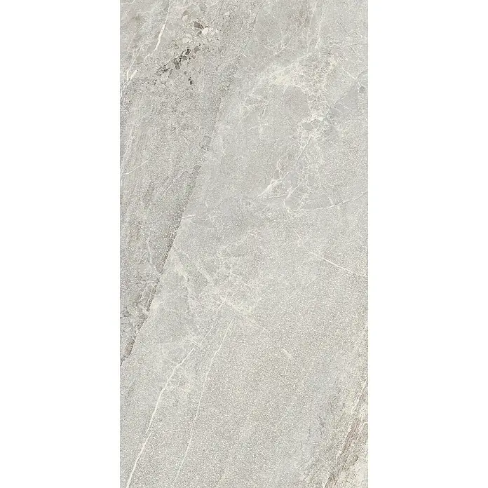 Feinsteinzeug in grauer Steinoptik 60x120, 20 mm, rutschhemmend -  - Helle graue Marmoroptik Fliese mit feiner weißer Maserung und dunkleren Flecken, geeignet für moderne Boden- oder Wandverkleidungen.