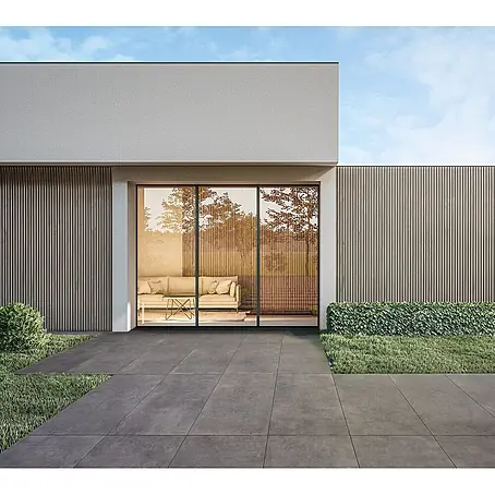 Feinsteinzeug in dunkelgrauer Harzoptik 60x120, rutschhemmend