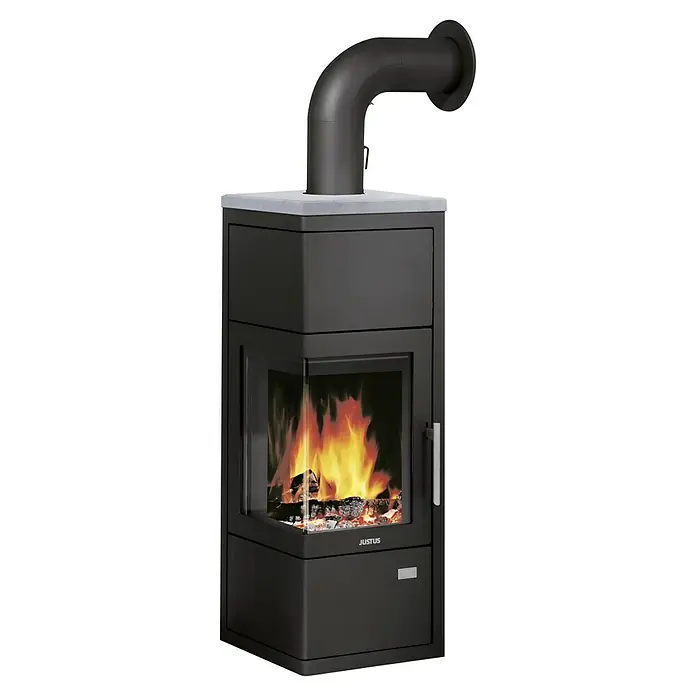 Justus Kaminofen Diego wärmePLUS - 6 kW, Raumheizvermögen: 115 m³, Material Verkleidung: Speckstein, Schwarz/Speckstein - Der Justus Kaminofen: Ein schlankes, modernes Heizgerät mit grosser Glasfront, das ein gemütliches Flammenspiel bietet und Wärme spendet.