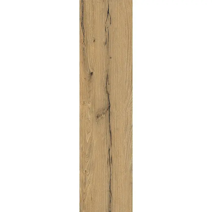 Feinsteinzeug in Holzoptik 30x120, 20 mm, rutschhemmend - Ital. Fliesen -  - Helle Holzmaserung in Braun mit vertikalen Mustern, Ästen und deutlichen dunklen Rissen.