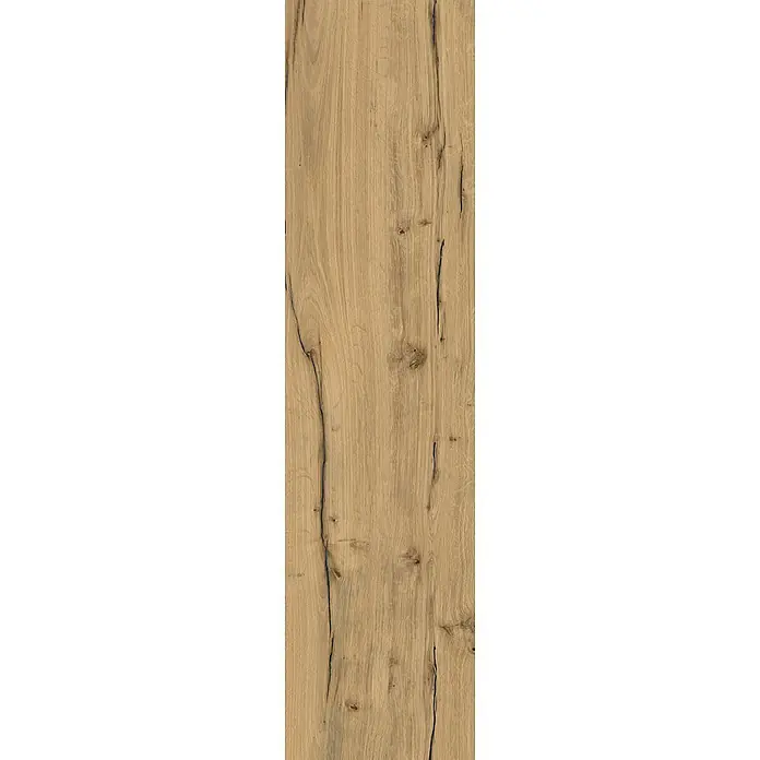 Feinsteinzeug in Holzoptik 30x120, 20 mm, rutschhemmend - Ital. Fliesen -  - Helle Holzmaserung mit natürlichen Rissen und Ästen, ideal für Bodenbeläge oder Paneele.