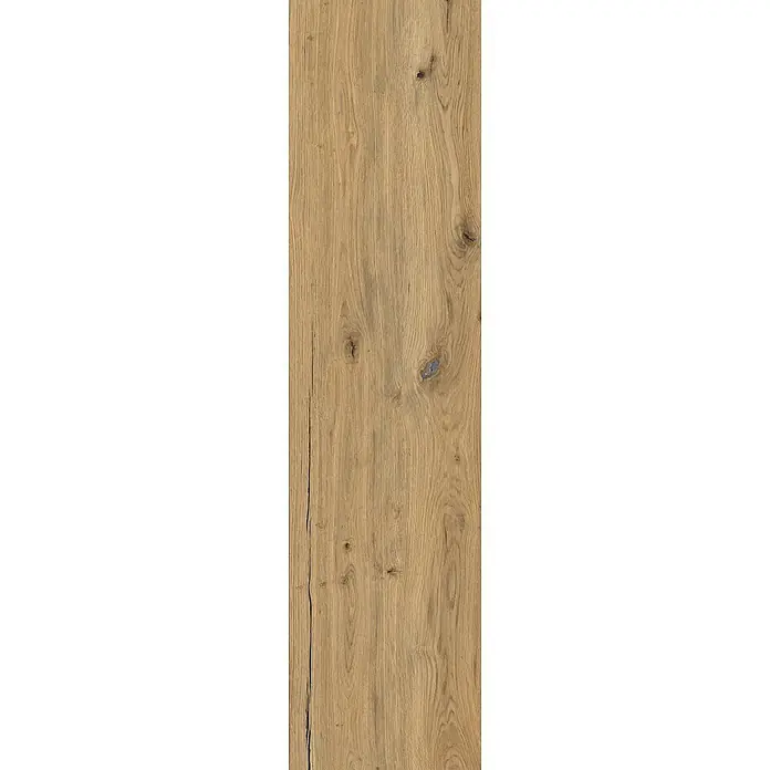 Feinsteinzeug in Holzoptik 30x120, 20 mm, rutschhemmend - Ital. Fliesen -  - Helles Holzpaneel mit natürlicher Maserung, Ästen und vertikalem Riss.