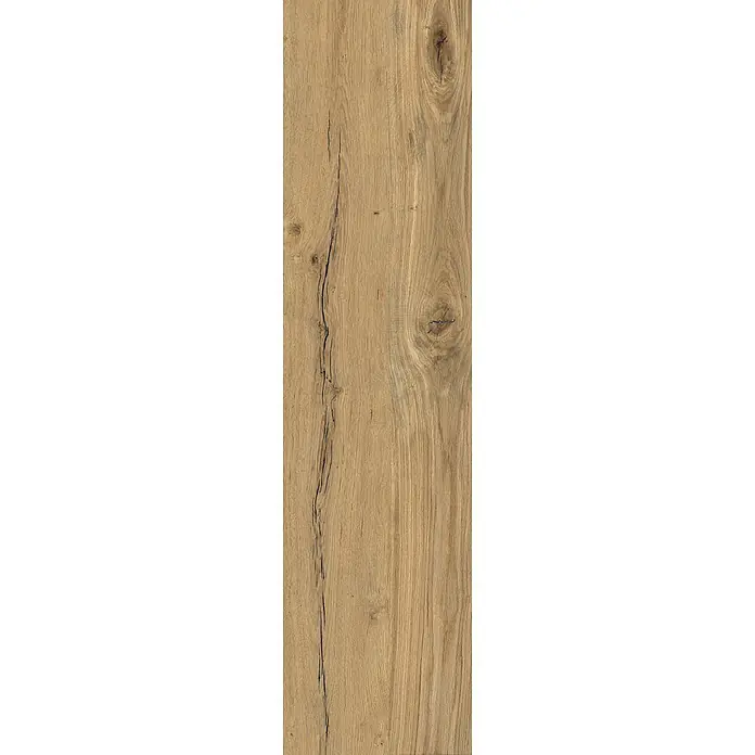 Feinsteinzeug in Holzoptik 30x120, 20 mm, rutschhemmend - Ital. Fliesen -  - Hellebraunes Holzmaserungspaneel mit natürlichen Rissen und Ästen.