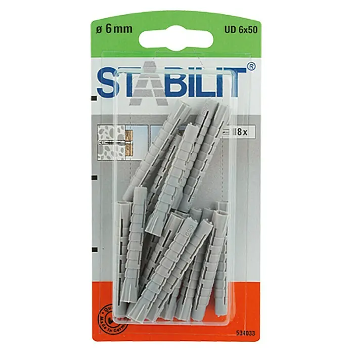 Stabilit Universal-Durchsteckdübel - Durchmesser Dübel: 6 mm, Länge Dübel: 50 mm, 18 Stk. - Packung Stabilitt Dübel, 6mm Durchmesser, UD 6x50, 18 Stück, geeignet für verschiedene Materialien für sichere Befestigungen.
