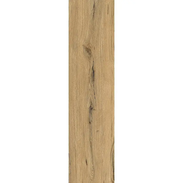 Feinsteinzeug in Holzoptik 30x120, 20 mm, rutschhemmend - Ital. Fliesen -  - Hellbraune Holzmaserung mit deutlichen vertikalen Linien, einem Ast und einem zentralen Riss.