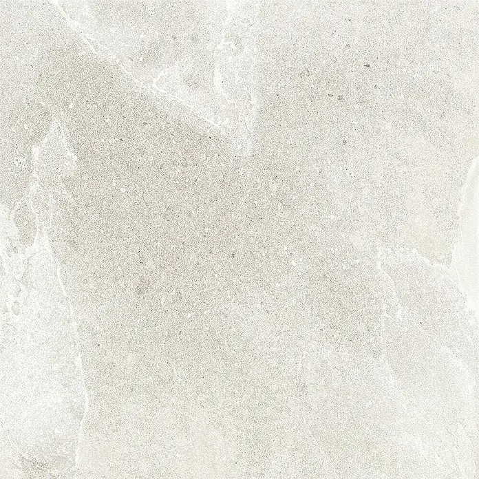 Feinsteinzeug in weißer Steinoptik 60x60, 20 mm, rutschhemmend -  - Hellgraue Steinstruktur mit feiner Maserung und körnigen Details.