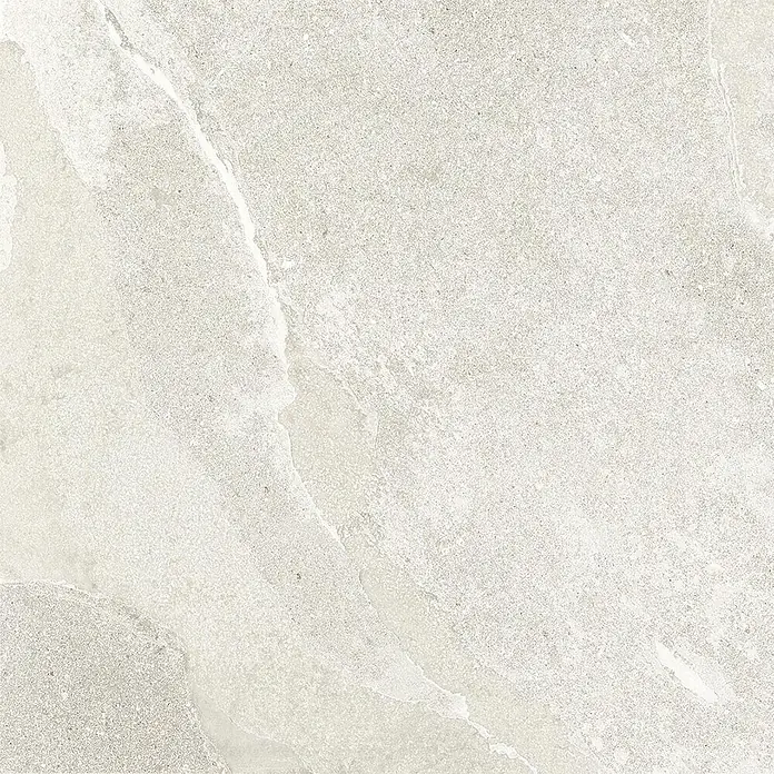 Feinsteinzeug in weißer Steinoptik 60x60, 20 mm, rutschhemmend -  - Hellgraue Fliese in Natursteinoptik mit dezenter Maserung und strukturierter Oberfläche.