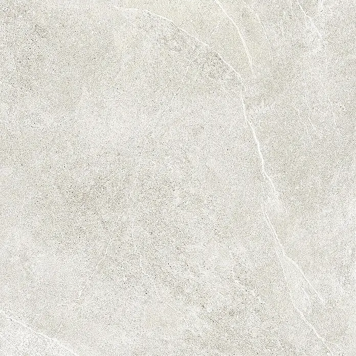 Feinsteinzeug in weißer Steinoptik 60x60, 20 mm, rutschhemmend -  - Hellgraue Fliese in Steinoptik mit strukturierter Oberfläche und subtiler weißer Maserung.