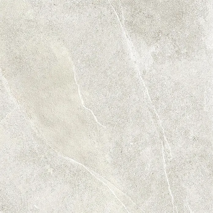 Feinsteinzeug in weißer Steinoptik 60x60, 20 mm, rutschhemmend -  - Beige-graue texturierte Fliese in Steinoptik mit subtiler weißer Maserung.