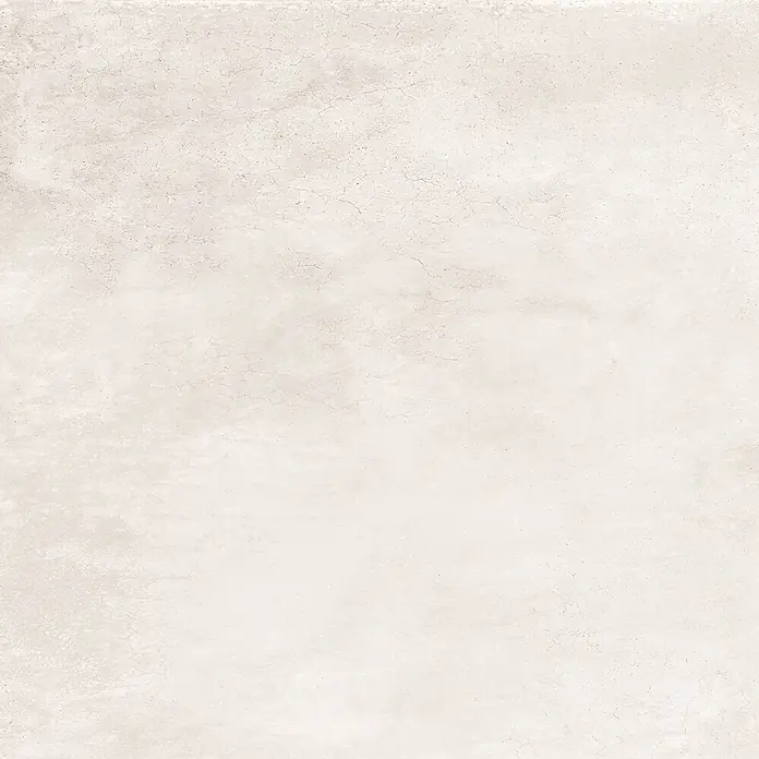 Feinsteinzeug in gewachster weißer Betonoptik 60x60 - Italienische Fliesen -  - Helle, gebrochen weiße Texturoberfläche mit subtilen Rissen und körnigen Details, die eine natürliche, minimalistische Ästhetik bietet.