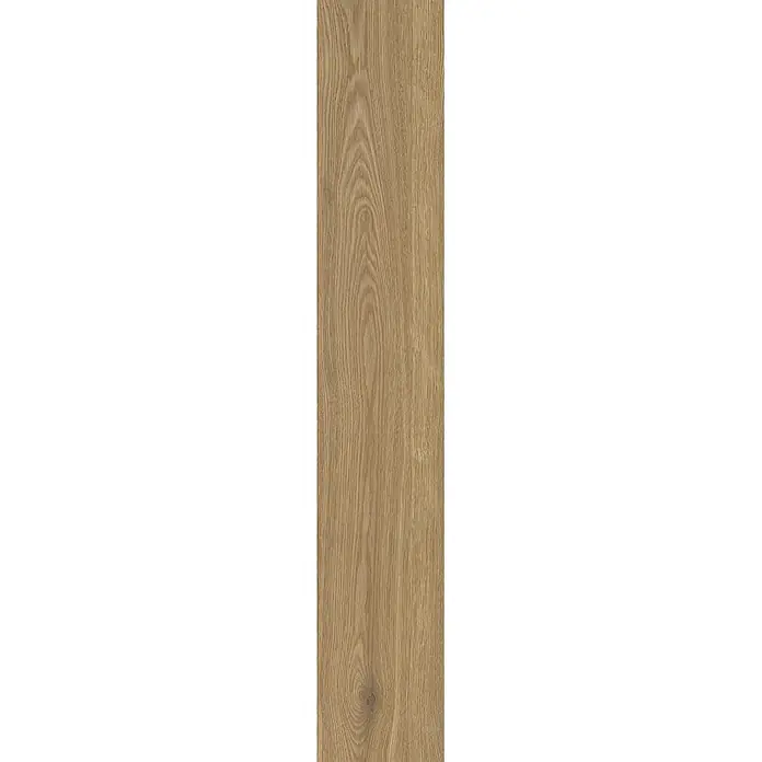 Feinsteinzeug in dunkelbrauner Holzoptik 20x120 - Italienische Fliesen -  - Helle Holzdiele in Naturholzfarbe mit sichtbarer Maserung und feinen Ästen.
