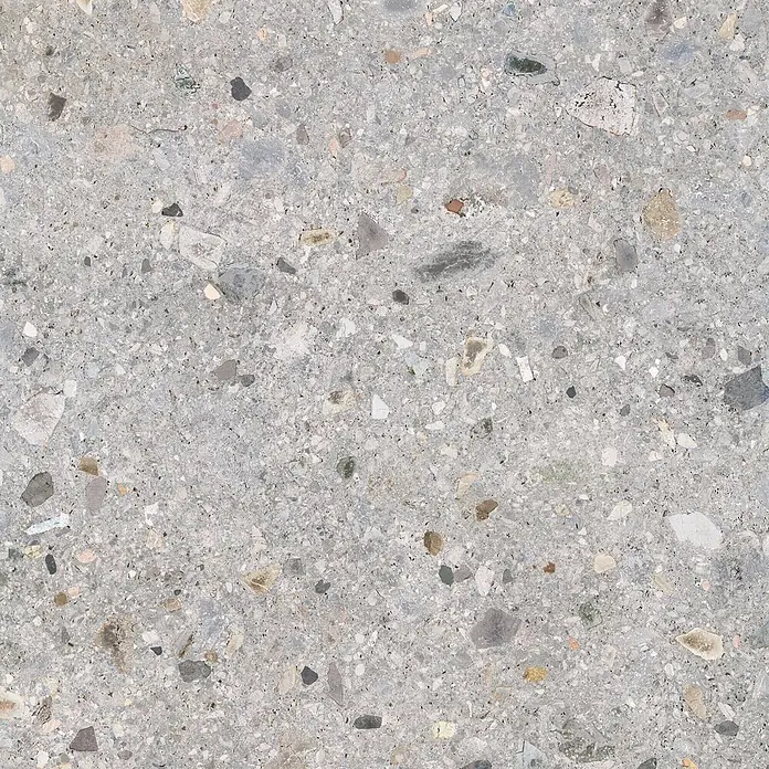 Feinsteinzeug in matter hellgrauer Steinoptik 120x120 - Ital. Fliesen -  - Hellgraue Terrazzo-Optik-Fliese mit bunten Einschlüssen für moderne Böden oder Wände.
