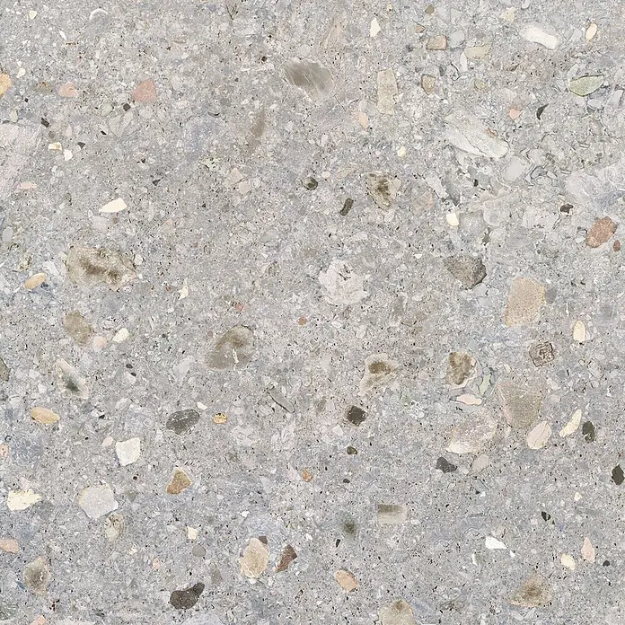 Feinsteinzeug in matter hellgrauer Steinoptik 120x120 - Ital. Fliesen -  - Hellgraue Terrazzo-Oberfläche mit farbigen, unregelmäßigen Steinsplittern. Ein haltbares, gesprenkeltes Material.