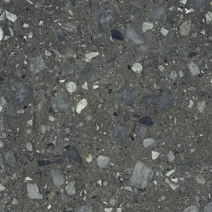 Feinsteinzeug in schwarzer Steinoptik 120x120 - Italienische Fliesen -  - Dunkelgraue Terrazzoplatte mit verstreuten weißen und grauen Steinspänen, die ein gesprenkeltes Muster bilden.