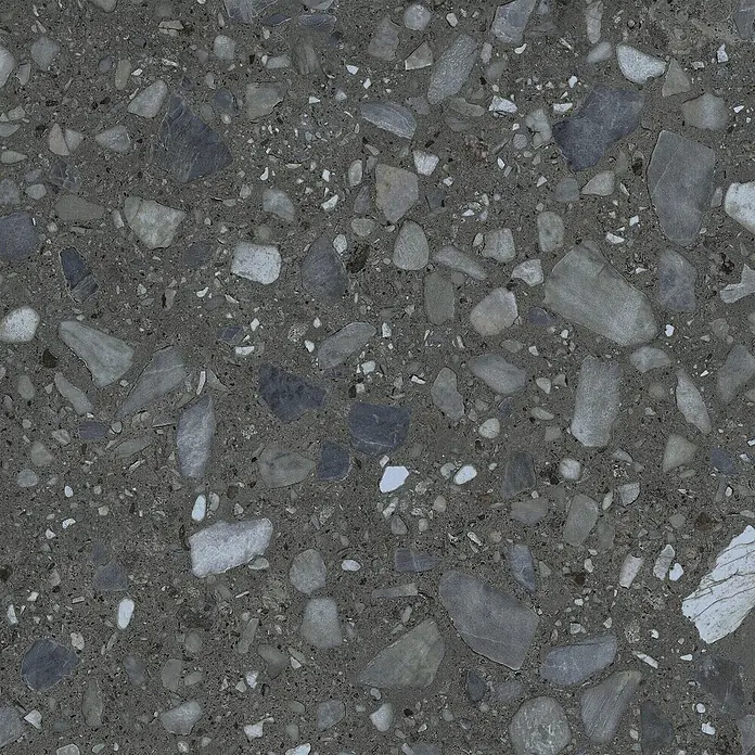 Feinsteinzeug in schwarzer Steinoptik 120x120 - Italienische Fliesen -  - Dunkelgraue Terrazzo-Oberfläche mit hellen und dunklen Steinsplittern.