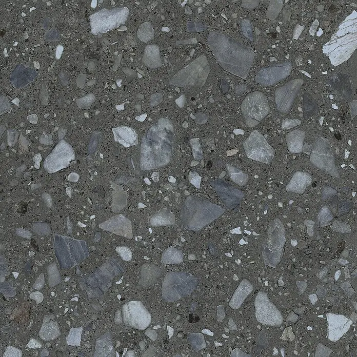 Feinsteinzeug in schwarzer Steinoptik 120x120 - Italienische Fliesen -  - Dunkelgraue Terrazzoplatte mit verschiedenen hellgrauen und weißen Steineinschlüssen, geeignet für Boden- oder Wandbeläge.