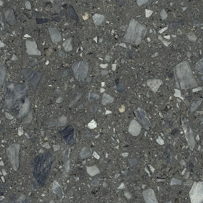 Feinsteinzeug in schwarzer Steinoptik 120x120 - Italienische Fliesen -  - Dunkelgraue Terrazzo-Oberfläche mit gemischten Naturstein-Aggregaten in Grau-, Schwarz- und Weißtönen.