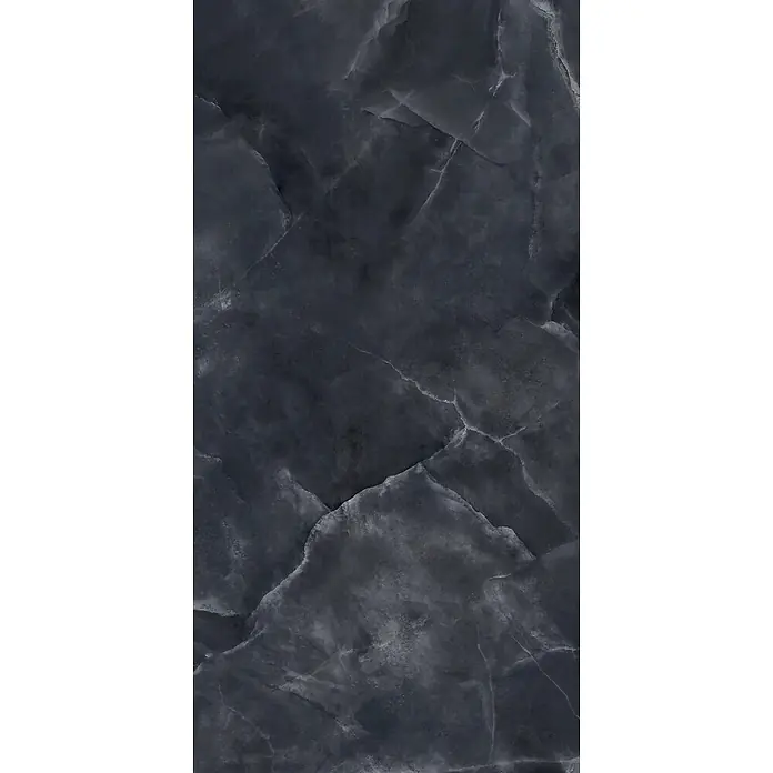 Feinsteinzeug in glänzender schwarzer Onyx-Marmoroptik 60x120 -  - Dunkelgraue Marmorstruktur mit feinen weißen Äderungen, ideal für elegante Oberflächen.