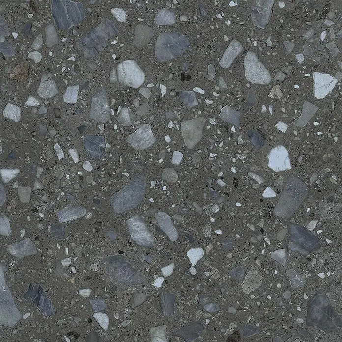 Feinsteinzeug in schwarzer Steinoptik 120x120 - Italienische Fliesen -  - Dunkelgraues Terrazzo-Muster mit verschiedenen hell- und dunkelgrauen Steinaggregaten, für Bodenbeläge oder Oberflächen.
