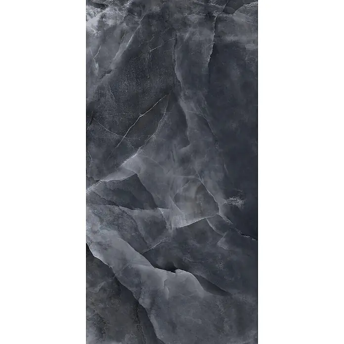 Feinsteinzeug in glänzender schwarzer Onyx-Marmoroptik 60x120 -  - Dunkelgrauer Marmor oder Onyx mit ausgeprägter weißer und hellgrauer Maserung, eine natürliche Steintextur zeigend.