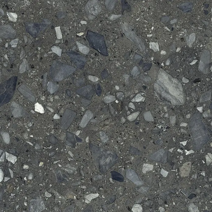 Feinsteinzeug in schwarzer Steinoptik 120x120 - Italienische Fliesen -  - Dunkelgraue Terrazzo-Oberfläche mit unterschiedlich großen grauen und weißen Zuschlagstoffen.