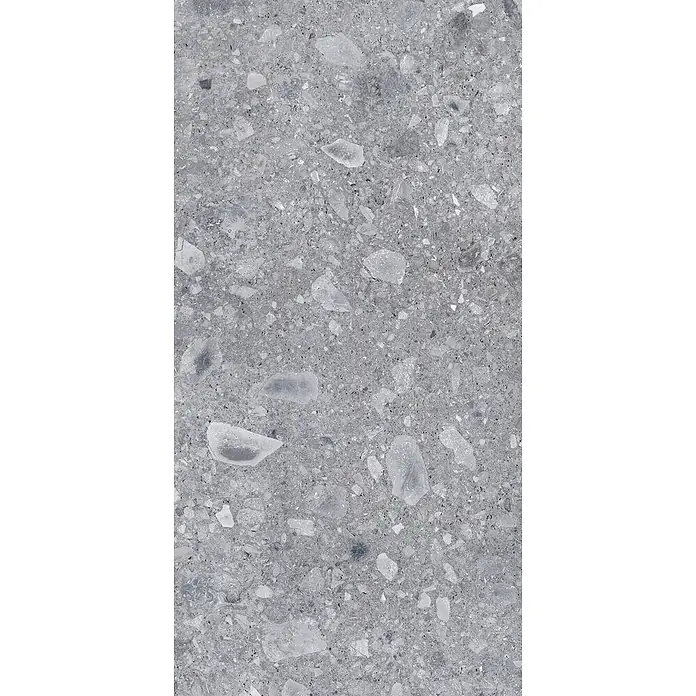 Feinsteinzeug in grauer Steinoptik 60x120, 20 mm, rutschhemmend -  - Grau gesprenkelte Verbundstein-Oberfläche mit unregelmäßigen hellen und dunklen Aggregaten.