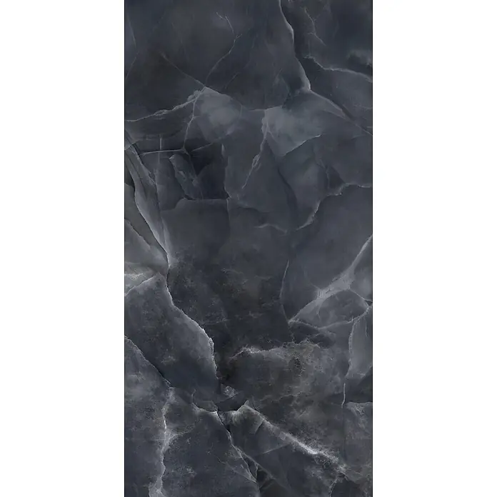 Feinsteinzeug in glänzender schwarzer Onyx-Marmoroptik 60x120 -  - Dunkelgraue Onyx- oder Marmoroberfläche mit fließenden weißen und hellgrauen Adern.