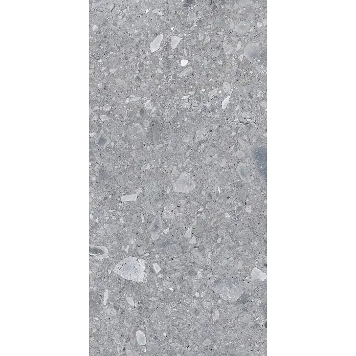 Feinsteinzeug in grauer Steinoptik 60x120, 20 mm, rutschhemmend -  - Graue Kompositsteintextur mit verschiedenen grauen Aggregaten, ideal für Böden oder Wände.