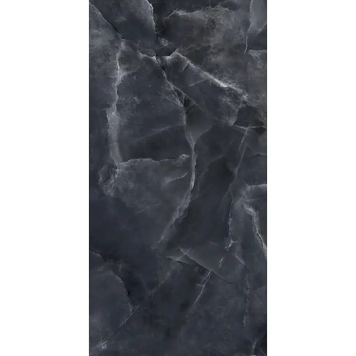 Feinsteinzeug in glänzender schwarzer Onyx-Marmoroptik 60x120 -  - Dunkelgraue Marmortextur mit markanten weißen und hellgrauen Maserungen.