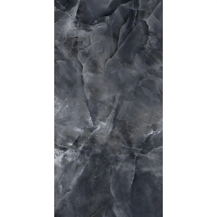Feinsteinzeug in glänzender schwarzer Onyx-Marmoroptik 60x120 -  - Dunkelgraue Marmoroberfläche mit ausgeprägter weißer und hellgrauer Maserung.