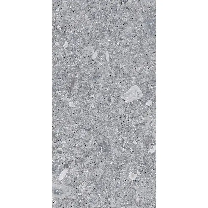 Feinsteinzeug in grauer Steinoptik 60x120, 20 mm, rutschhemmend -  - Graue Terrazzo-Stil Fliese mit unregelmäßigen weißen und dunkelgrauen Zuschlagstoffen, ideal für moderne Böden oder Oberflächen.