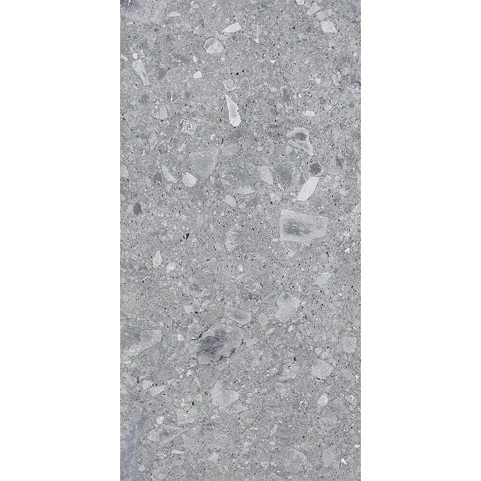 Feinsteinzeug in grauer Steinoptik 60x120, 20 mm, rutschhemmend -  - Graue gesprenkelte Verbundsteinoberfläche mit unterschiedlich großen hellen und dunklen Aggregatpartikeln.