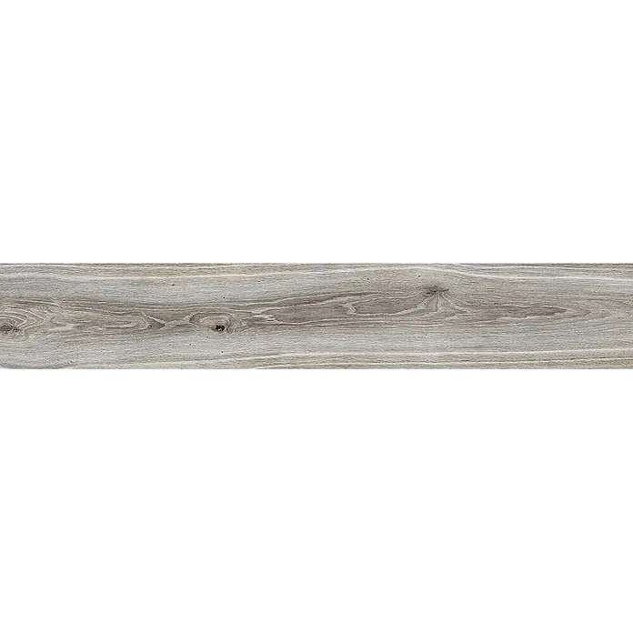 Feinsteinzeug in grauer Holzoptik 20x120, rutschhemmend - Ital. Fliesen -  - Hellgraue Holzplanke mit sichtbarer Maserung und Ästen.