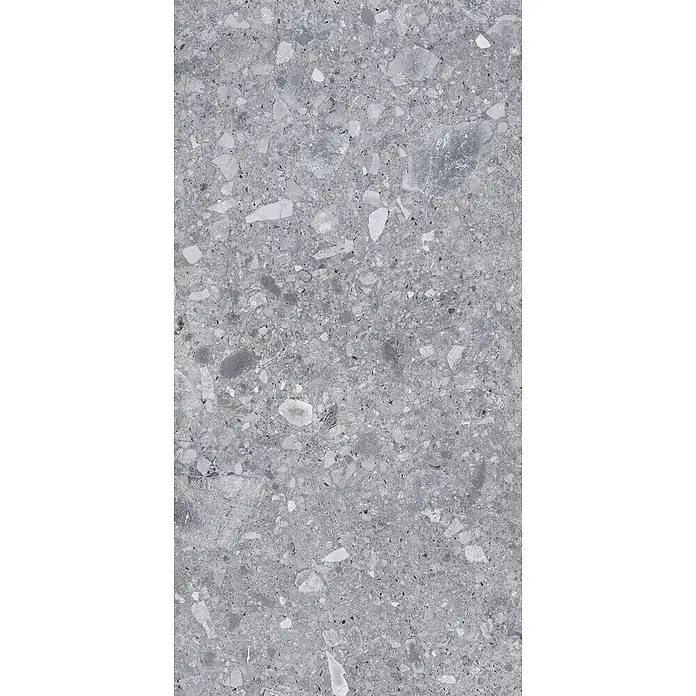Feinsteinzeug in grauer Steinoptik 60x120, 20 mm, rutschhemmend -  - Graue Fliese in Terrazzo-Optik mit unregelmäßigen hellen und dunklen Aggregaten.
