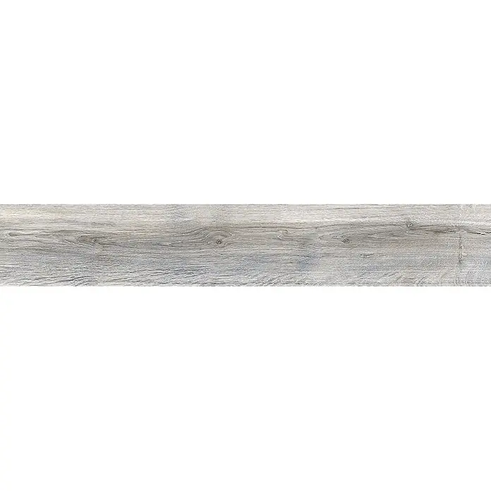 Feinsteinzeug in grauer Holzoptik 20x120, rutschhemmend - Ital. Fliesen -  - Hellgraue verwitterte Holzplanke mit sichtbarer Maserung.